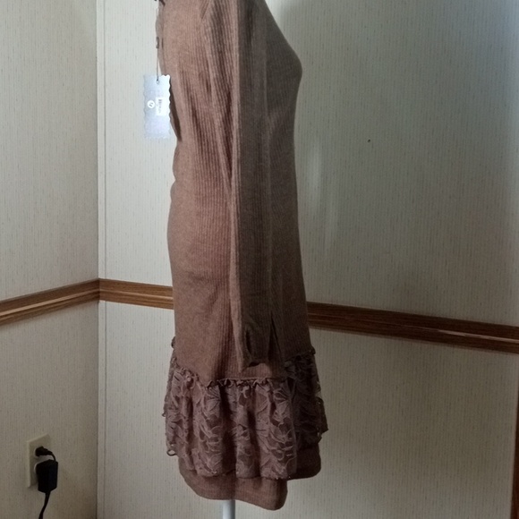 Pretty Angel Brown Long Sleeve Knit Dress with Lace Ruffle Hem Linen - Picture 6 of 8